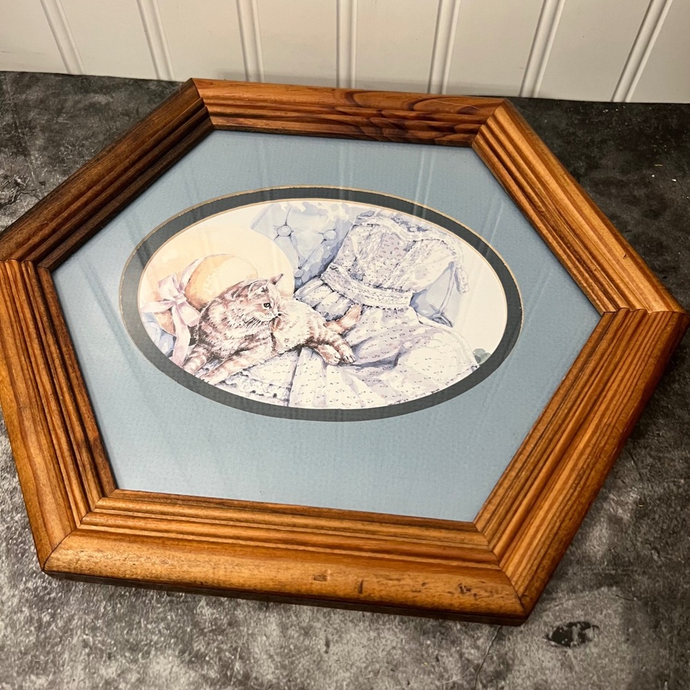 Vintage Framed Blue Cat Art | Cottage Grandma